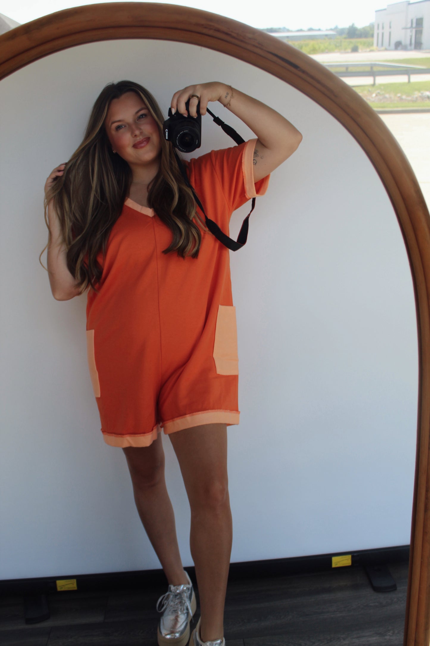 Bright Orange Colorblock Romper
